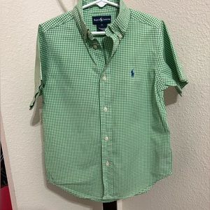 Youth Ralph Lauren Button-Down, Size 6 Short Sleeve, Green and White Plaid.